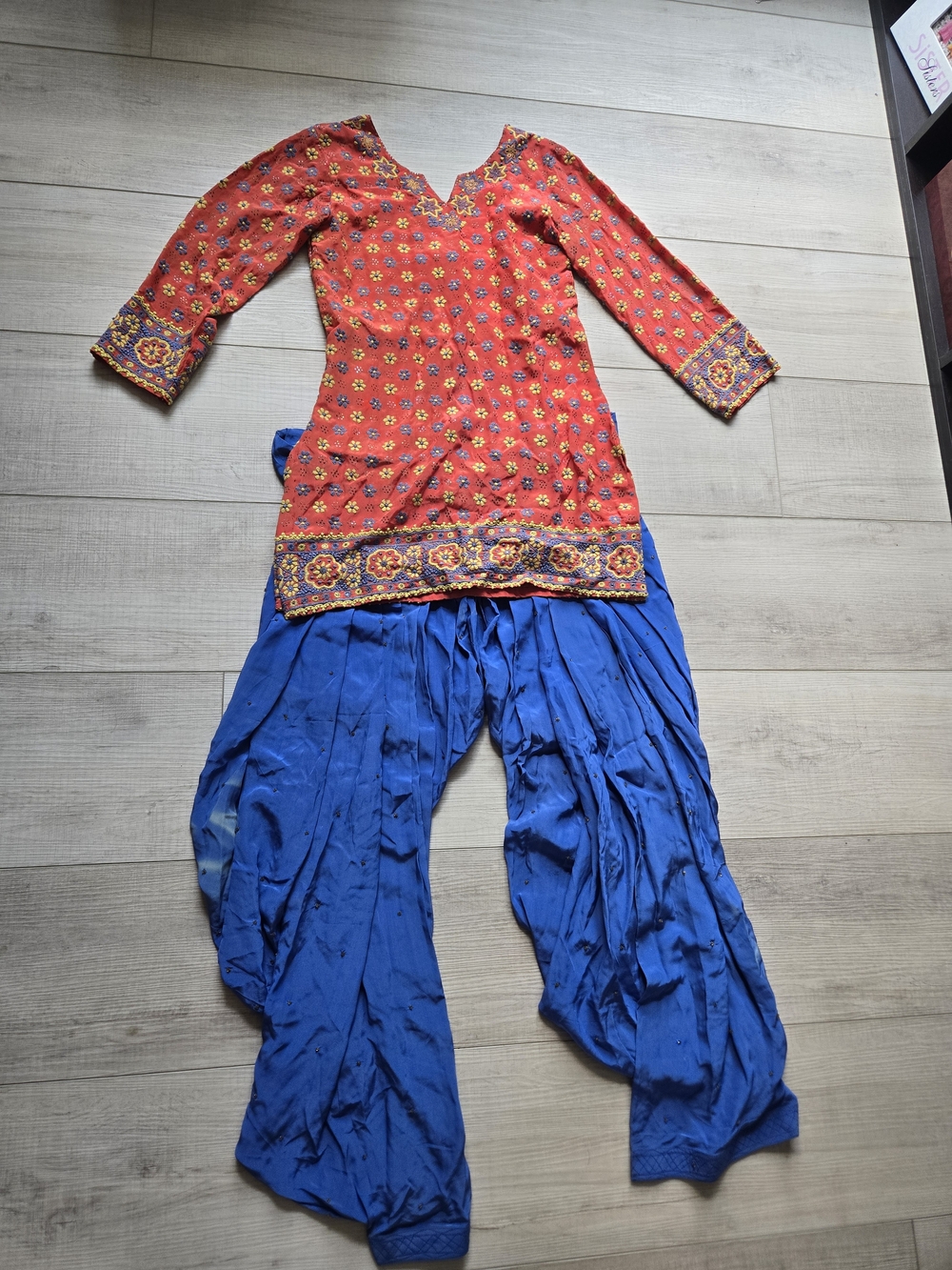 Indian Pakistani Traditional Ethnic Coral Embroidered Tunic with Blue Pants